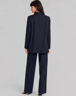 Veste de tailleur ample en laine motif fines rayures marine