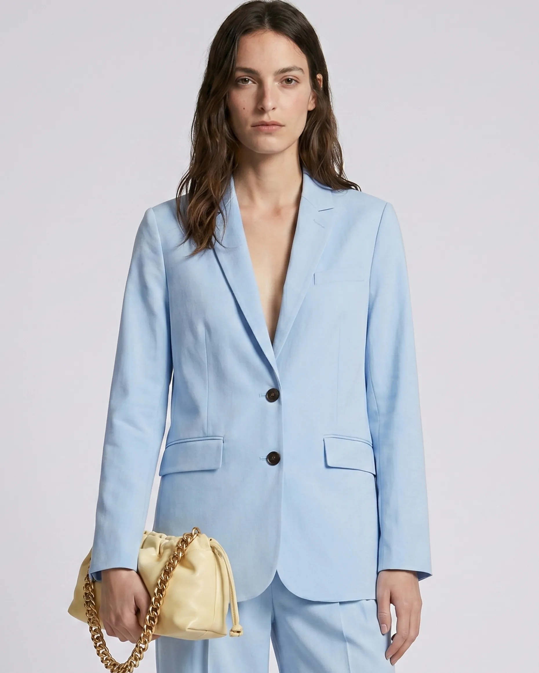 Veste de tailleur droite en lin et coton bleu pastel