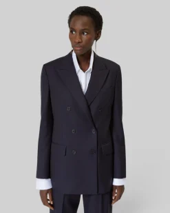 Veste tailleur croisée en laine rayée marine