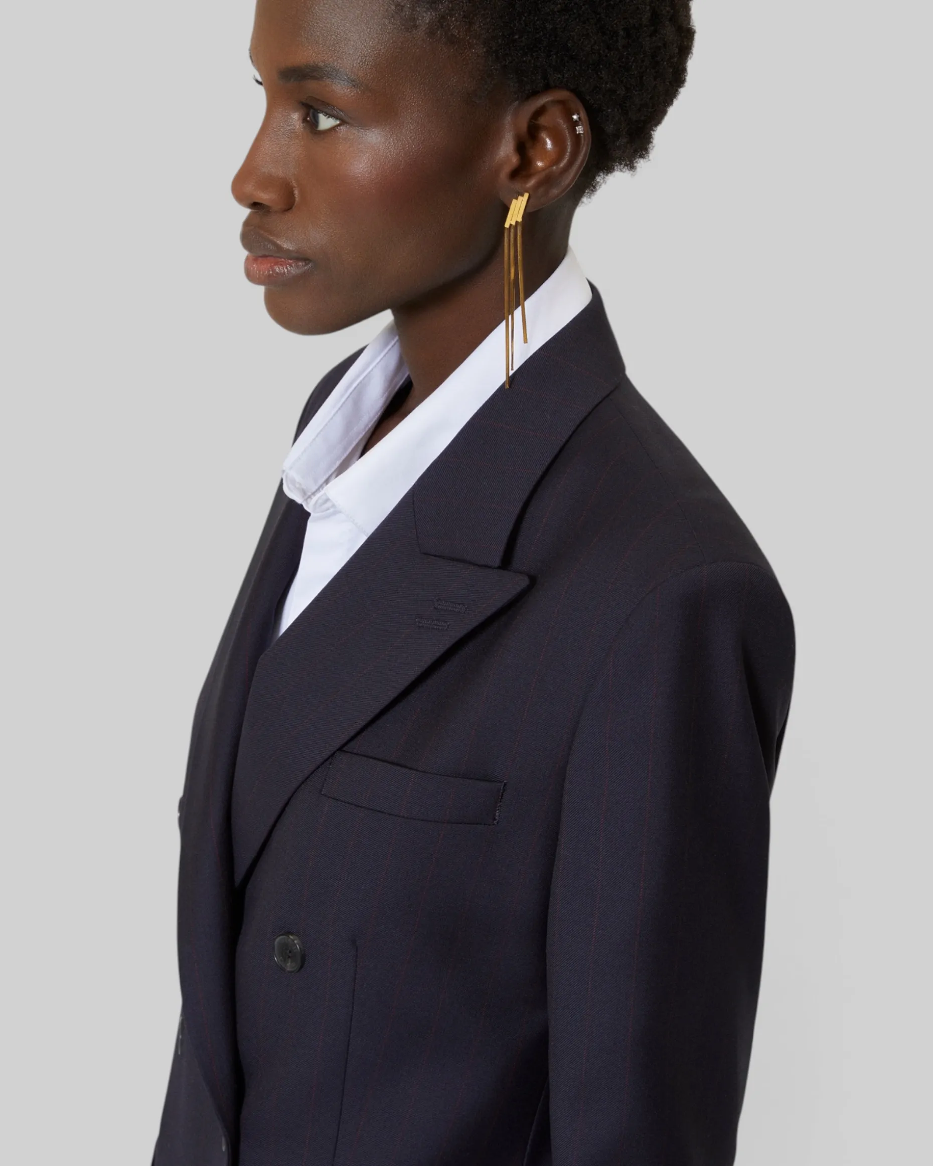 Veste tailleur croisée en laine rayée marine