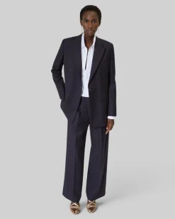 Veste tailleur croisée en laine rayée marine